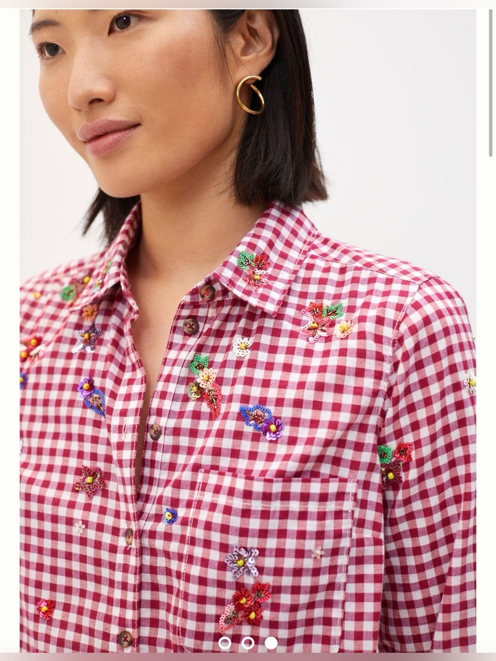 Maeve Red and White Gingham Shirt with Colorful Sequin Floral Embroidery - Sz 4